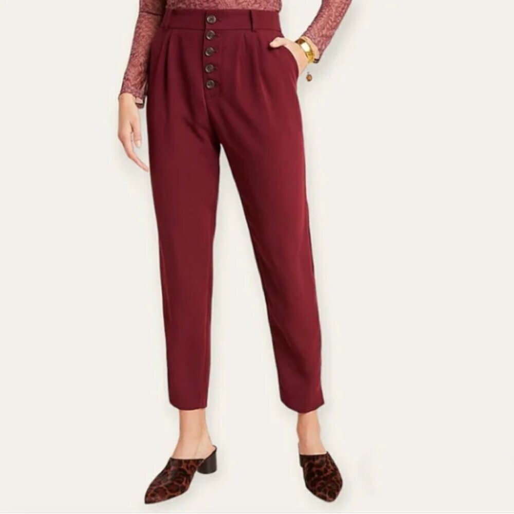 Anthropologie Sasha Button-Fly Tapered Trousers in Wine Red size 10 pants